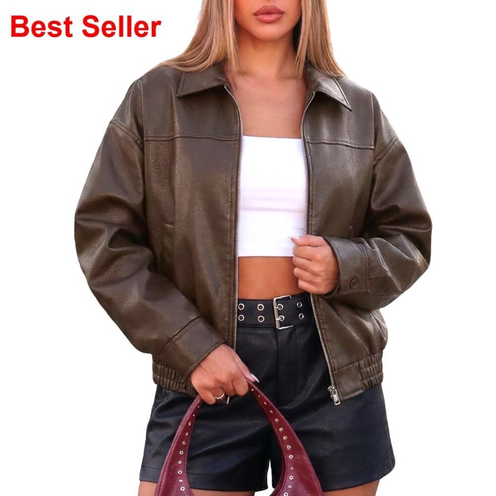 Oversized Bomber Jacket Women PU Leather Biker Moto Fall Coat